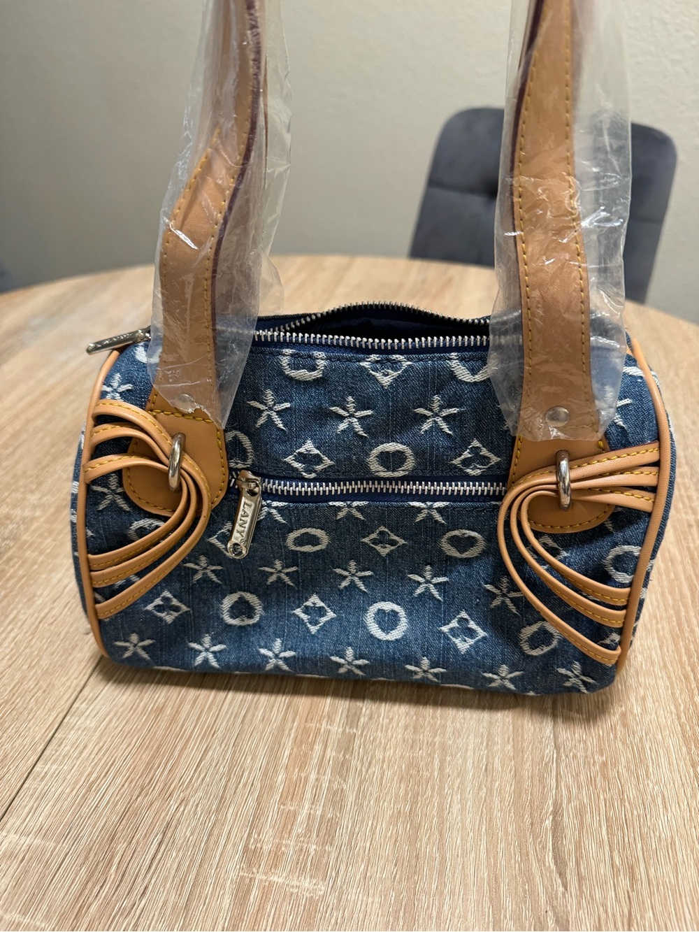 Blue Denim Shoulder Bag with Tan Accents